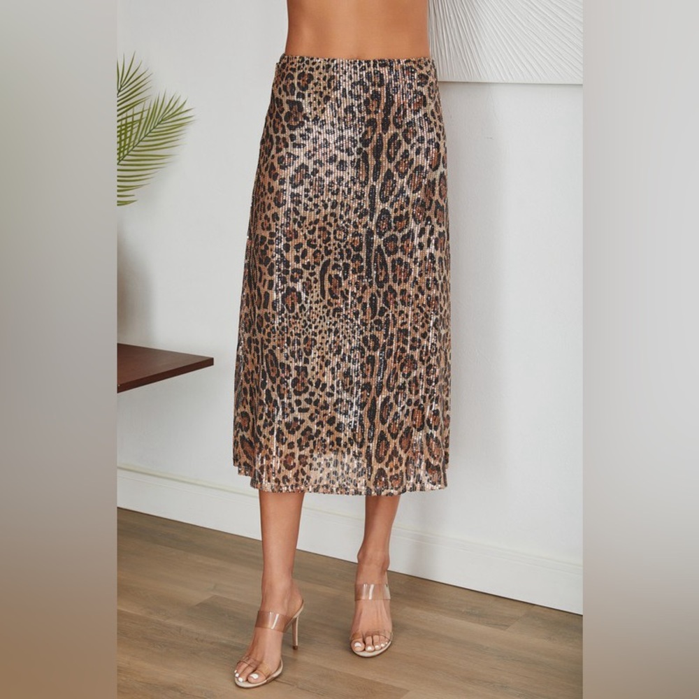 (13273-LEO) LEOPARD PRINT SEQUENCE WAISTBAND SKIRT